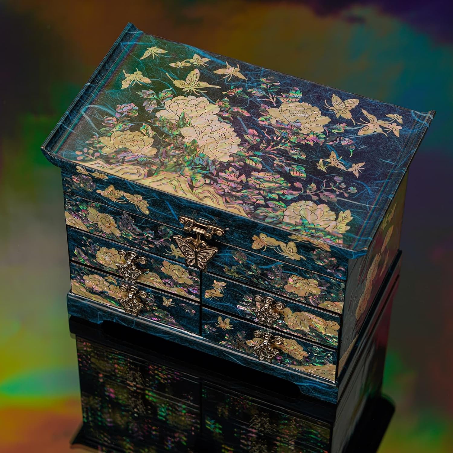 February Mountain Mother of Pearl Wooden Jewelry Organizer Box – Jewelry Storage Box for Women, Features Spacious Drawers, Ideal for Rings, Bracelets, Watches, Chains, Accessories (Peony_Blue)