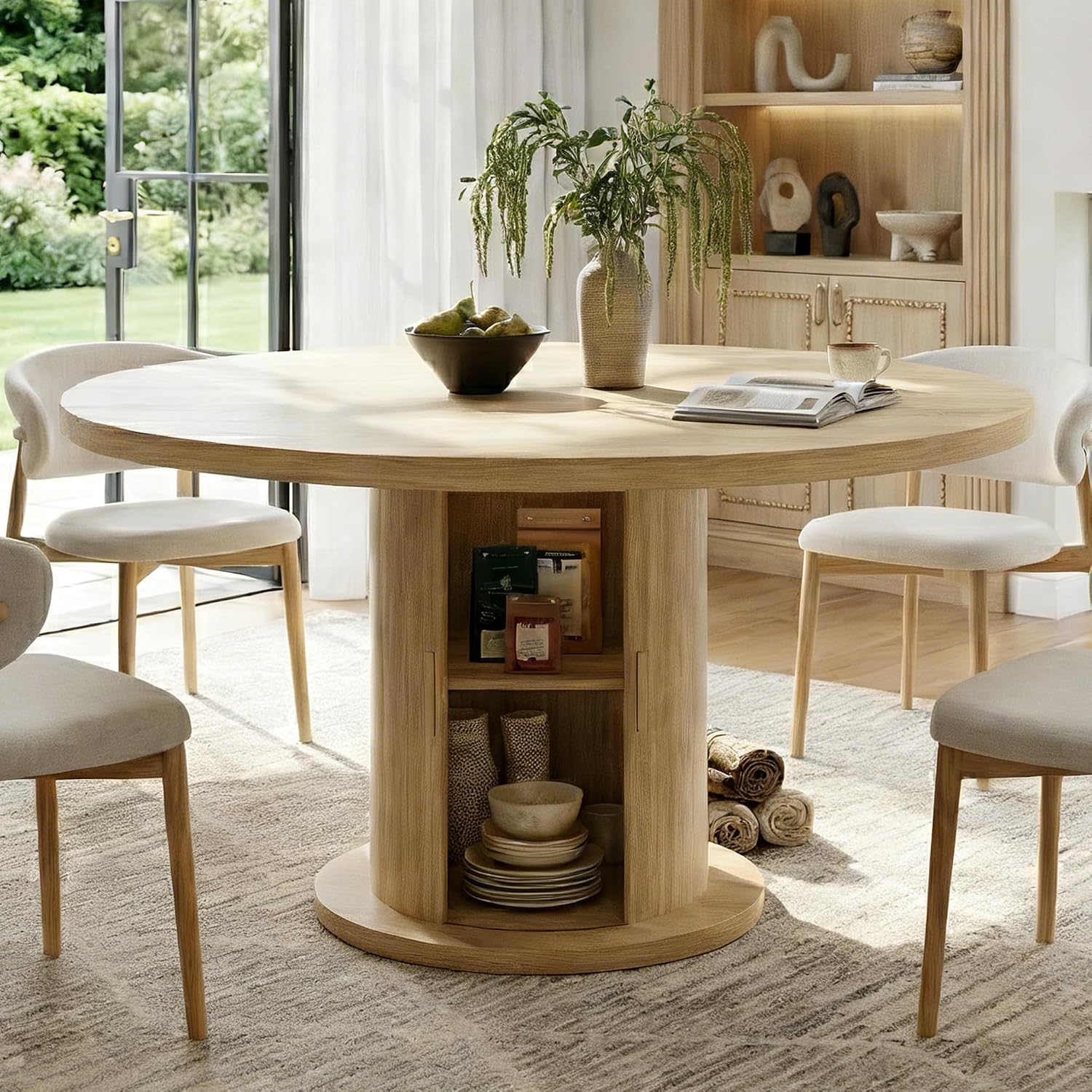 Round Dining Table for 4-6, 43.3' Modern Farmhouse Kitchen Table with Hidden Storage & Tambour Door, Japandi Style Wood Pedestal Circle Table for Small Spaces, Apartment, Dining Room, Classic Oak