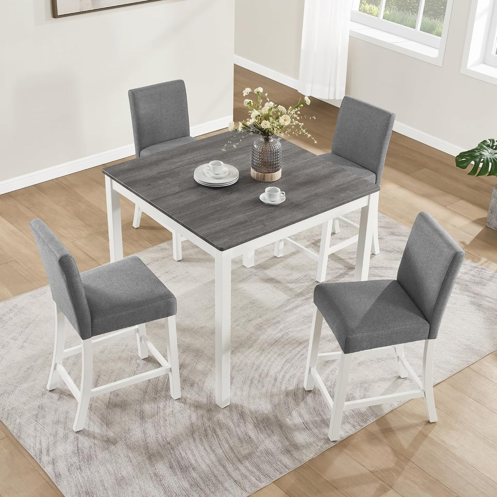 LUMISOL 5-Piece Dining Table Set, Farmhouse Counter Height Dining Table Set with 4 Upholstered Chairs, Wooden Table and Chairs Set for Kitchen, Dining Room, Grey+White
