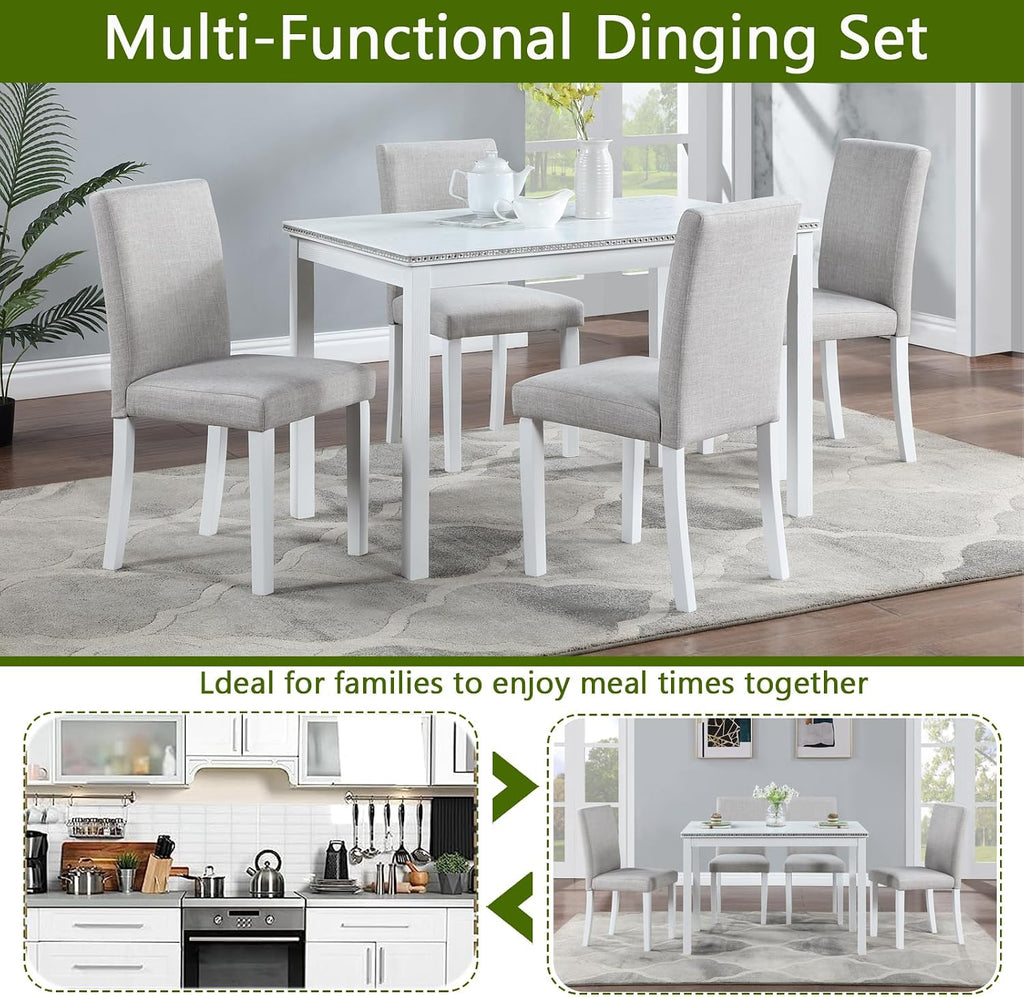 LUMISOL Dining Table Set for 4, 5-Piece Solid Wood Kitchen Table Set with 4 Upholstered Chairs for Kitchen, Dining Room, Home Bar, White