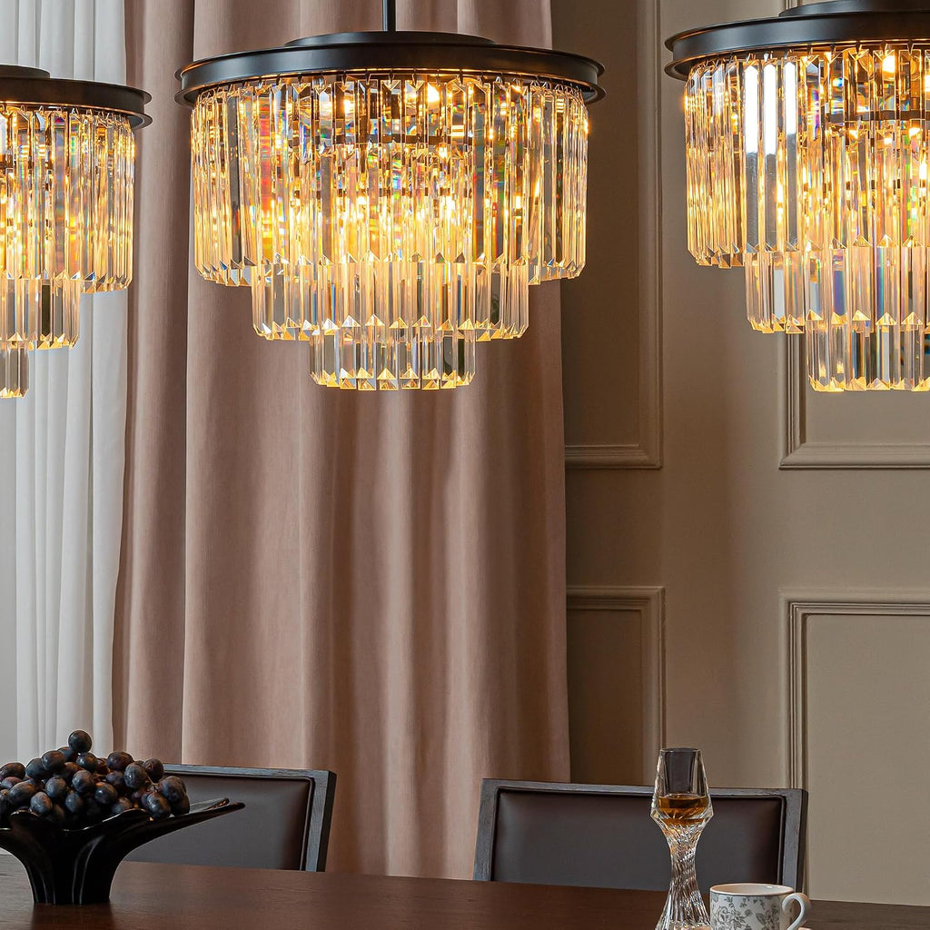 ALPADECOR 6-Light W 20' Modern Matte Black 3-Tier Round Fringe Crystal Chandelier Black Finish Frame Close to Ceiling Dual-Use Light for Dining Room Living Room
