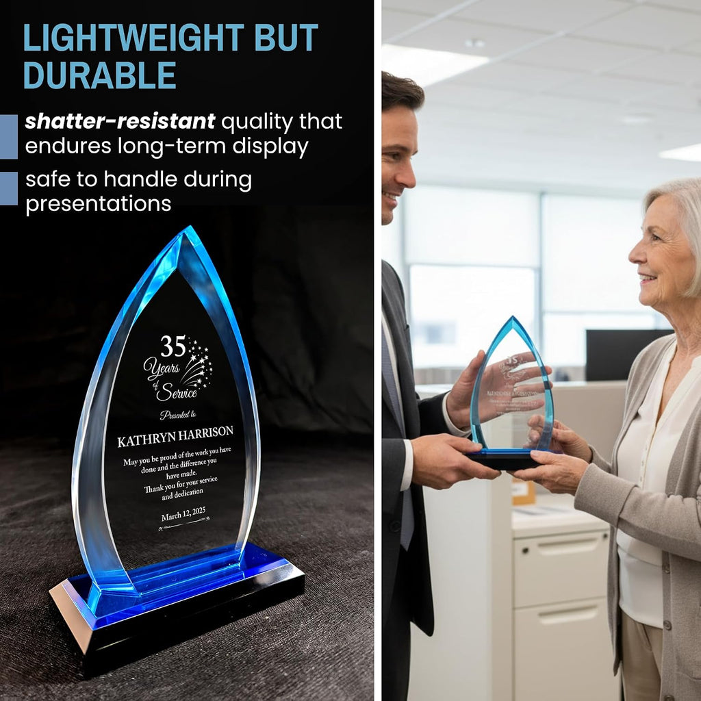 Personalized Acrylic Retirement Gifts For Men and Women, Laser Engraved Custom Trophy for Service Recognition, Years Of Service Retirement Trophy Award for Boss, Employee, Teacher (Blue Oval)