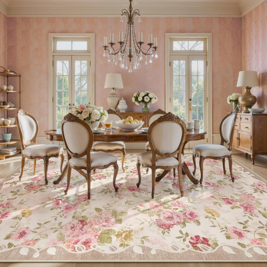 Lahome Floral Washable Rugs 9x12, Large Area Rugs 9x12 Living Room,Soft Non-Slip Thin Vintage Boho Bedroom Carpet for Dining Room Playroom Nursery Farmhouse, Nina Beige/Pink/Multi