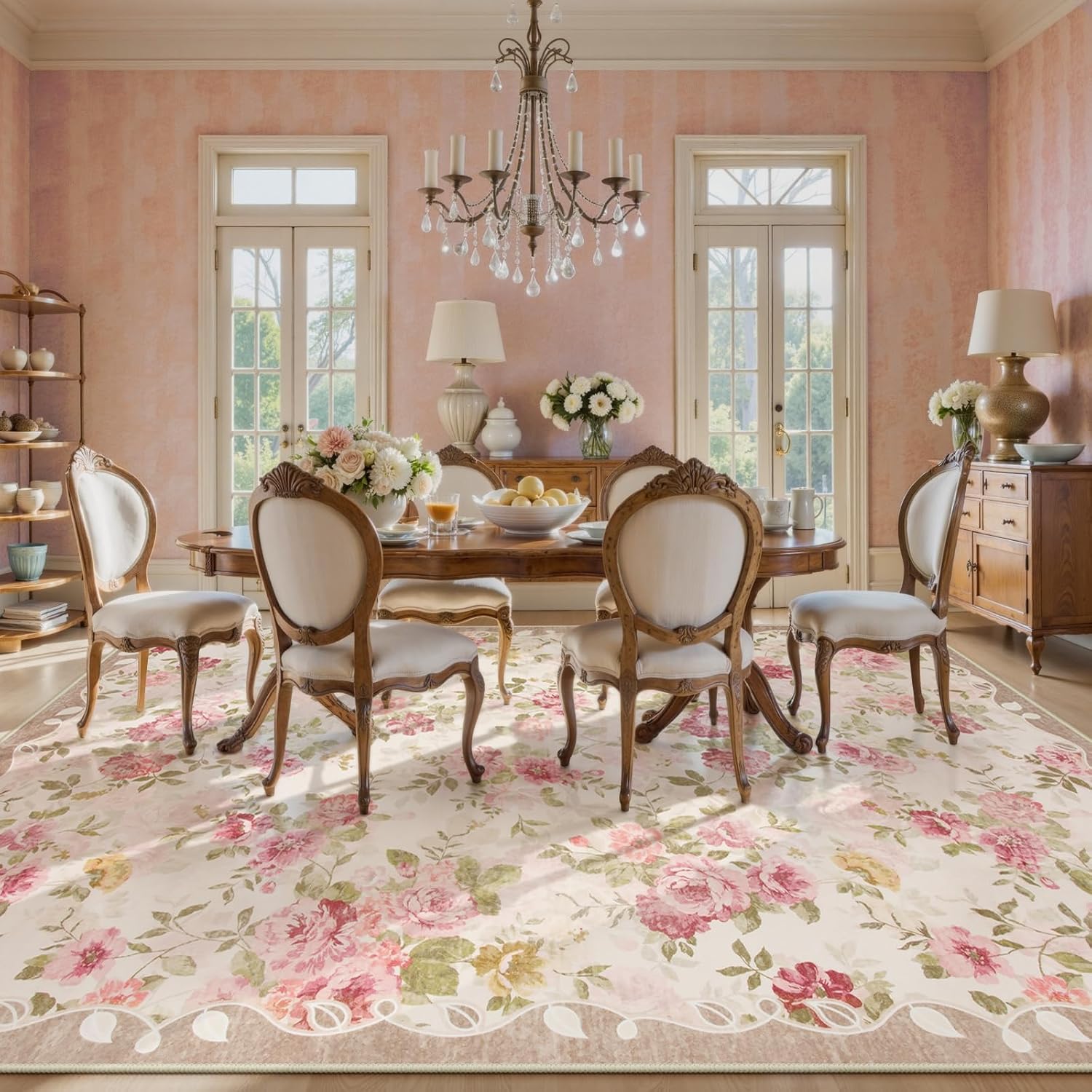 Lahome Floral Washable Rugs 9x12, Large Area Rugs 9x12 Living Room,Soft Non-Slip Thin Vintage Boho Bedroom Carpet for Dining Room Playroom Nursery Farmhouse, Nina Beige/Pink/Multi