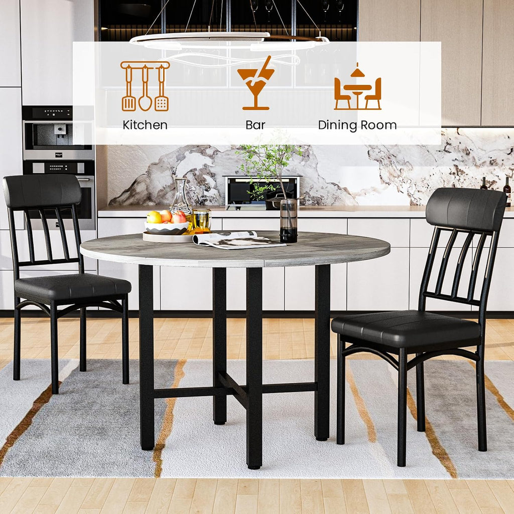 AWQM Round Dining Table Set for 4, Wood Circle Kitchen Table and Chairs Set for 4, Modern Dining Room Sets with 4 Faux Leather Chairs, Round Dinner Table for Small Space, Grey