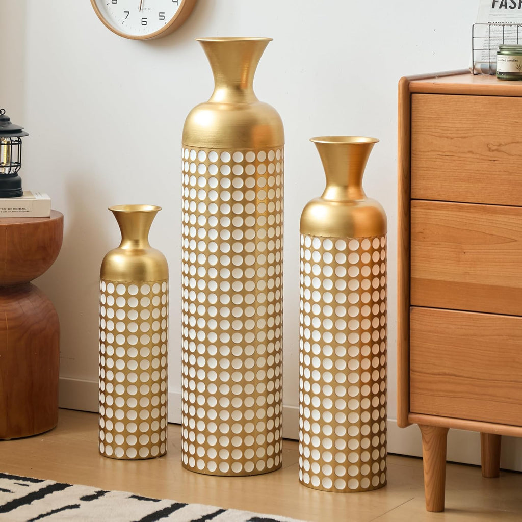 Floor Metal Decorated Vases Set of 3 for Gorgeous Home Decoration Large Glazed Metal Vases (Antique Brass+White + Metal)