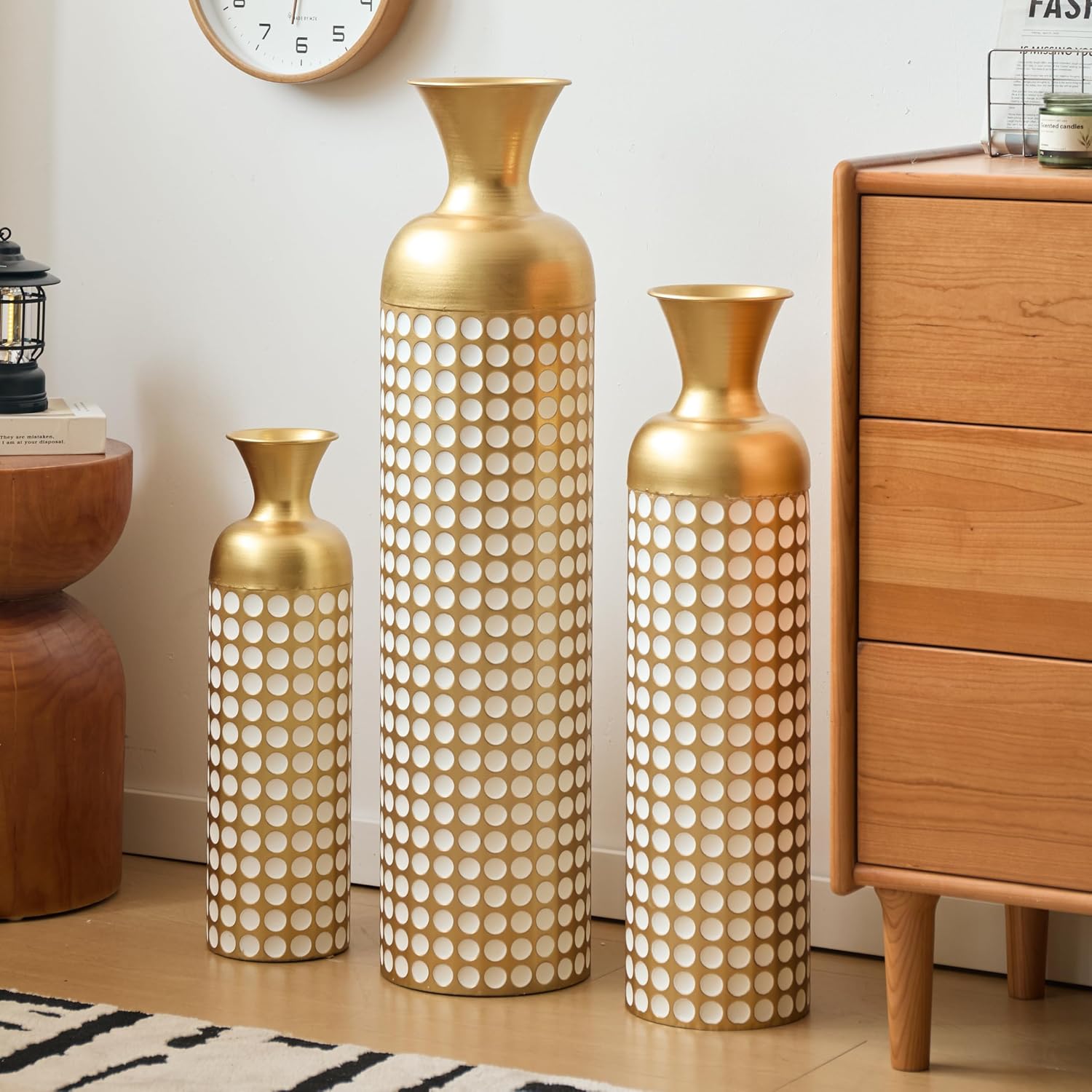 Floor Metal Decorated Vases Set of 3 for Gorgeous Home Decoration Large Glazed Metal Vases (Antique Brass+White + Metal)