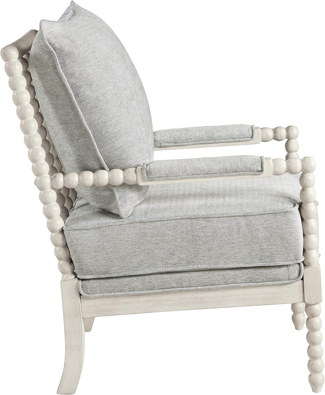 OSP Home Furnishings Kaylee Spindle Accent Chair with Antique White Wood Frame, Smoke Grey Fabric