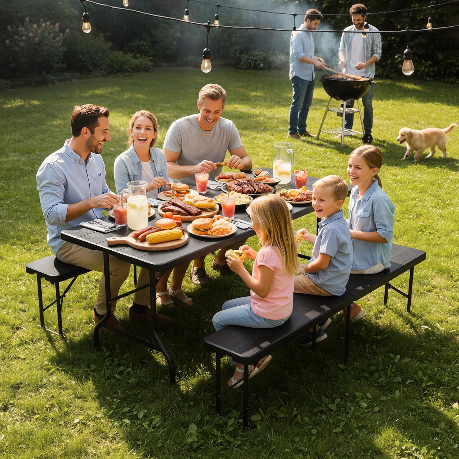Bonnlo Black Folding Picnic Table Set with 2 Benches, 6 Feet Camping Table Chair Set, Modern Portable 3-Piece Furniture for Indoor/Outdoor Use, White Folding Picnic Table with Smooth Tabletop