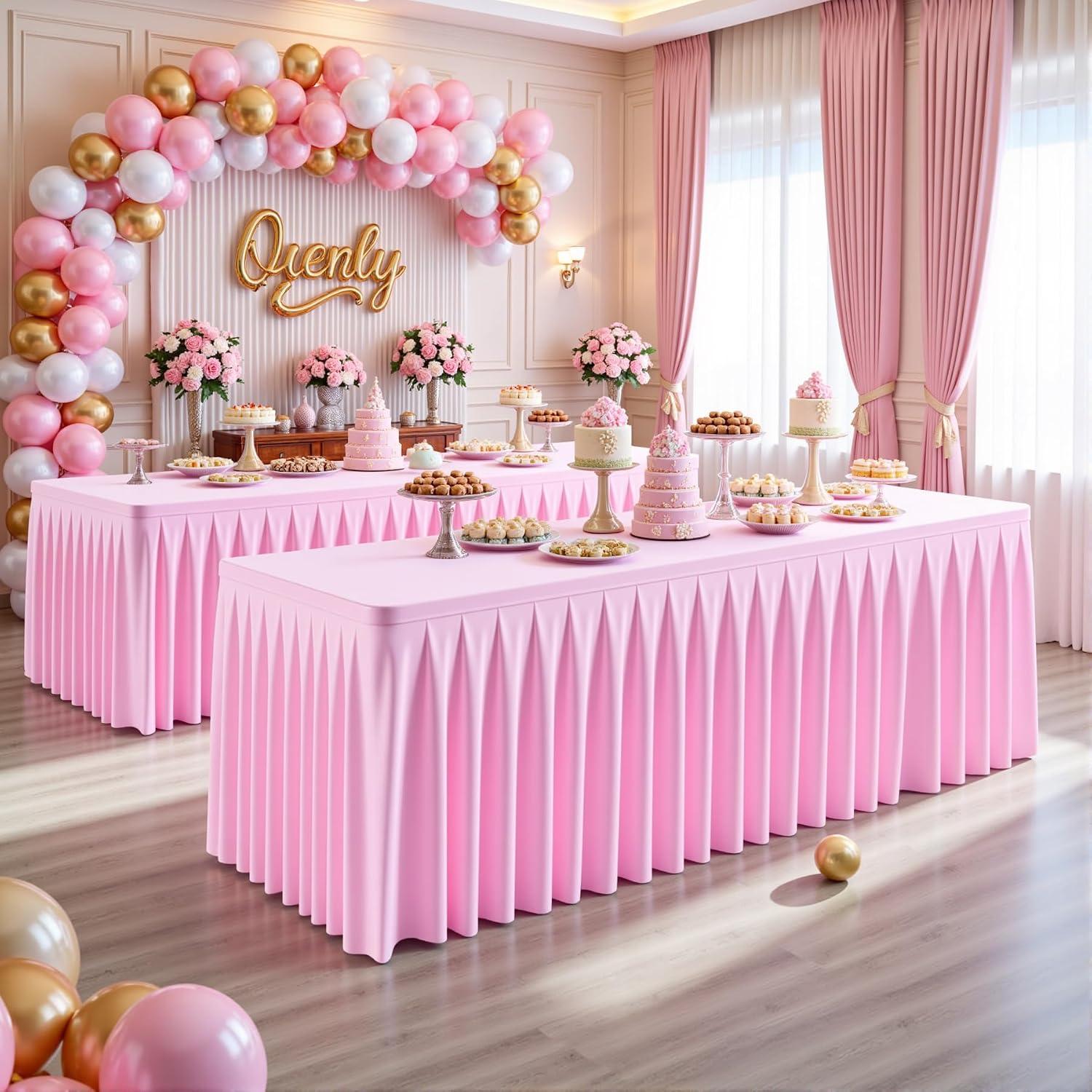 6 Pack Pink Rectangle Tablecloth 8 FT Stretch Spandex Fitted Table Cloth for 8 Foot Rectangle Tables Banquet Tablecloths Wrinkle Free Table Cover Skirt Ruffle Tablecloth for Party Wedding Birthday
