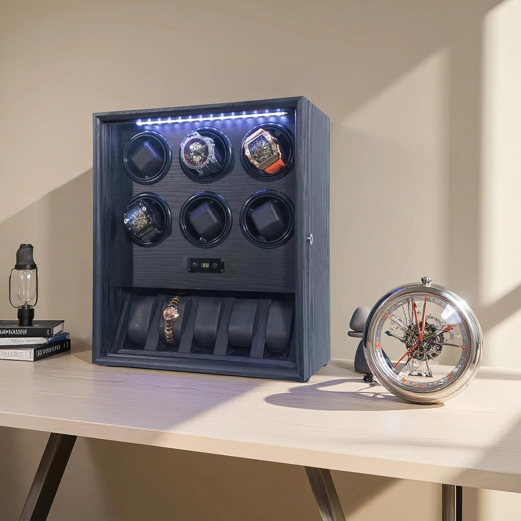 Watch Winder for 2/4/6/8 Automatic Watches, Watch Rotator for Rolex 15 Rotation Modes Display Box White Light, Watches Winder Case with USB-C Adapter, Present for Men Quiet Mabuchi Motor(≤5db)
