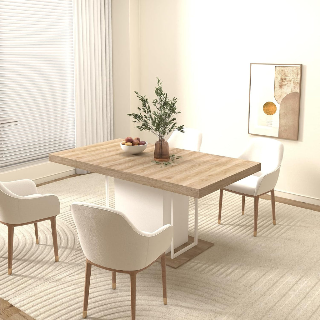 78.74'' Extendable Rectangular Dining Table for 4-8, Modern Mid-Century Wood Expandable Kitchen Dinner Conference Table for Living Room Office, Widen Pedestal Base, White & Oak