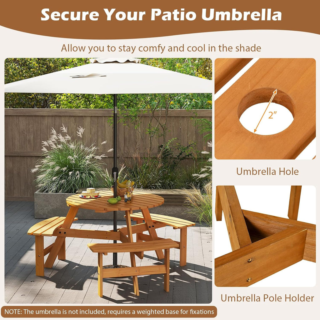 Giantex 6-Person Round Picnic Table Set with 3 Benches, 550 LBS Bench Capacity, 2' Umbrella Hole, Circular Outdoor Wood Dining Table & Chairs for Patio Yard Garden Porch Deck (68'x62'x28',Yellow)