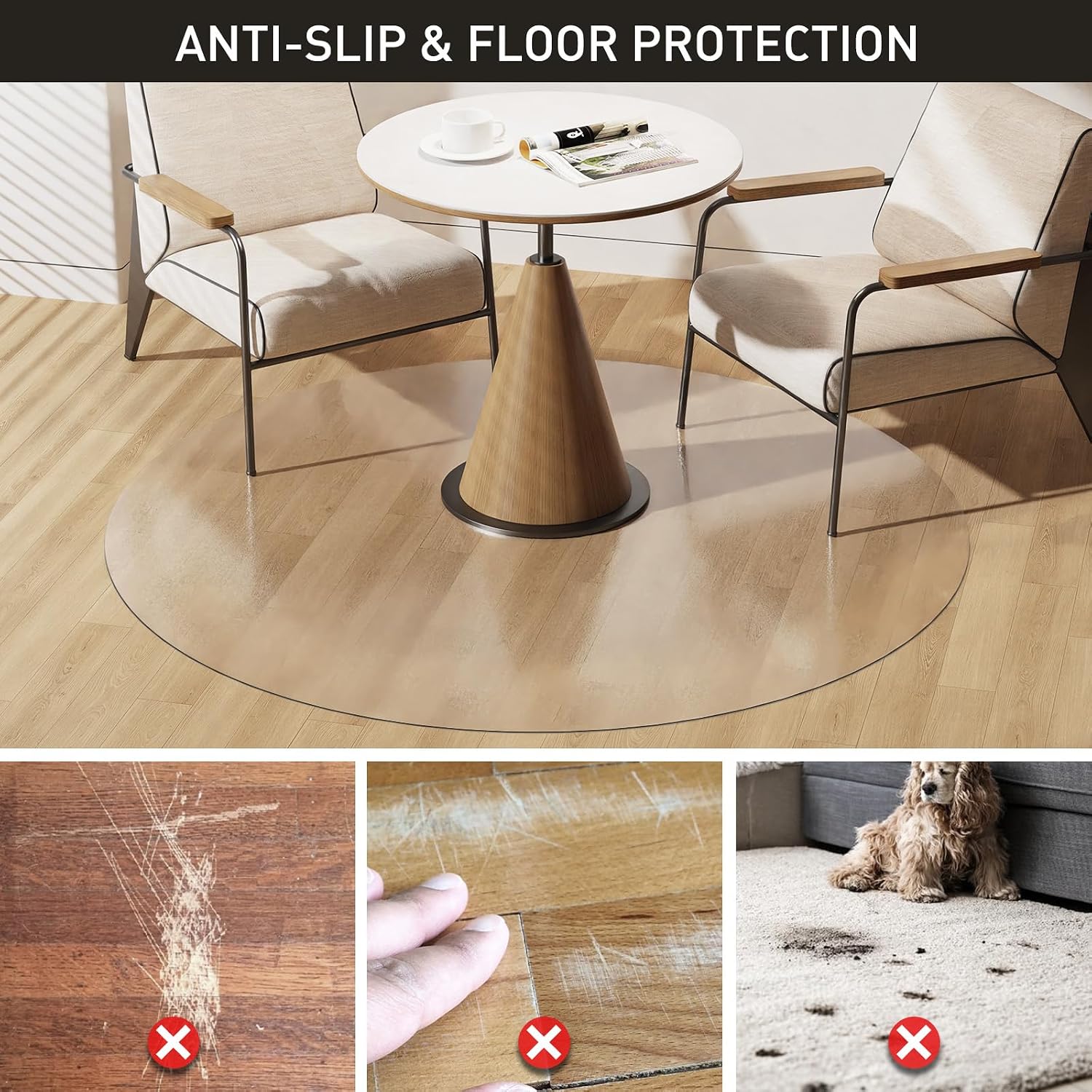 Clear Plastic Floor Mat for Under Dining Table, 6ft Round No Slip Waterproof Vinyl Area Rug for Home, Anti-Spill Hard Floor Protector Cover for Living Room, Splat Mat for Under High Chair