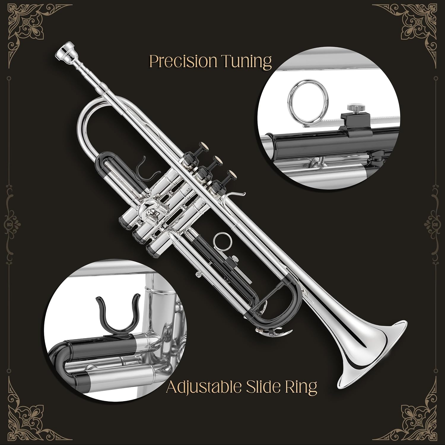 AKLOT Hand-Hammered Bell Bb Trumpet: Smooth Valve Action, Clear-Lacquered Brass Body, Standard Trumpet Beginner Set with Leather Case, Lesson Book, Trumpet Mute, Mouthpiece, Cleaning Kit (SNR-BrzBS)