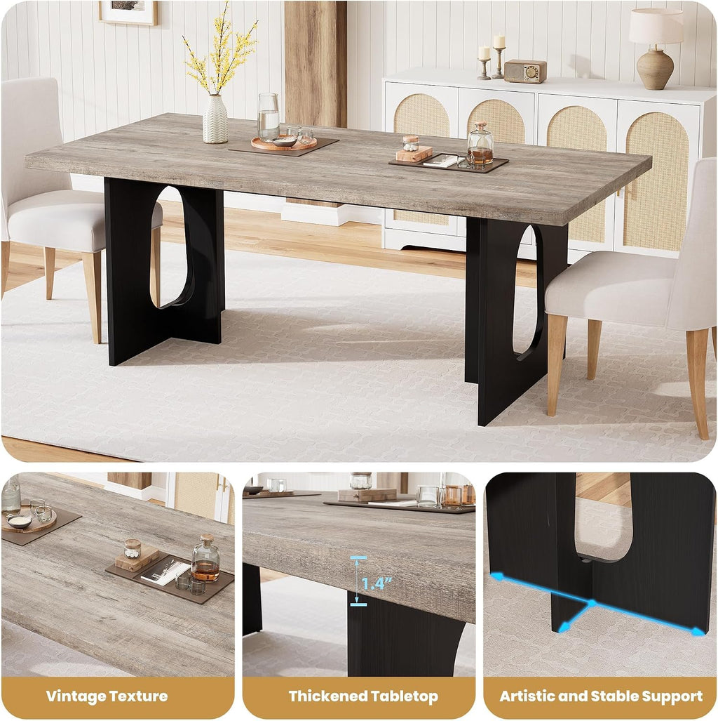71' Long Dining Table for 6-10 People - Farmhouse Kitchen Table with Extra Thick Tabletop & Heavy-Duty Metal Legs, Sturdy Rectangular Table for Dining Room, Conference Room, Office, Grey + Black