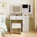 LOKO Farmhouse Vanity Set with Mirror & Lights, Dressing Table and Chair Set with 3 Lighting Modes & Adjustable Brightness, Charging Station & Hair Dryer Holder, Jewelry Cabinet, for Bedroom