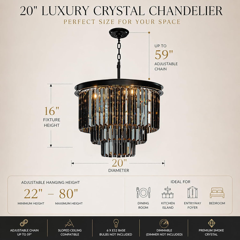 ALOADECOR 6-Light W 20 in. Modern Odeon 3-Tier Round Fringe Crystal Chandelier in Matte Black Finish Frame with Smoke Crystal Accents Dual-Use Light for Dining Room Living Room Bedroom