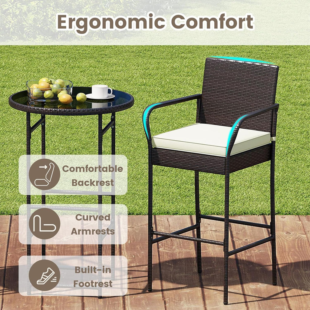 Tangkula 3 Piece Outdoor Bar Set, Patio Rattan Heavy Duty Bar Height Glass Top Table & Chairs w/ 2 Cushioned Barstools, for Porch, Yard, Poolside