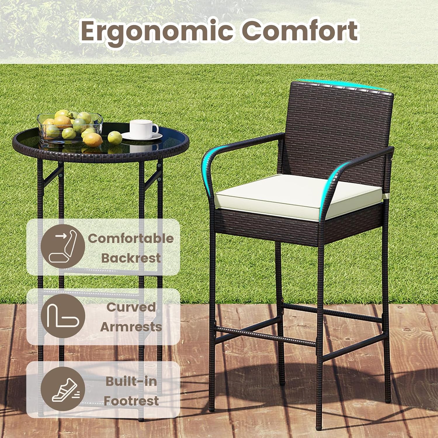 Tangkula 3 Piece Outdoor Bar Set, Patio Rattan Heavy Duty Bar Height Glass Top Table & Chairs w/ 2 Cushioned Barstools, for Porch, Yard, Poolside