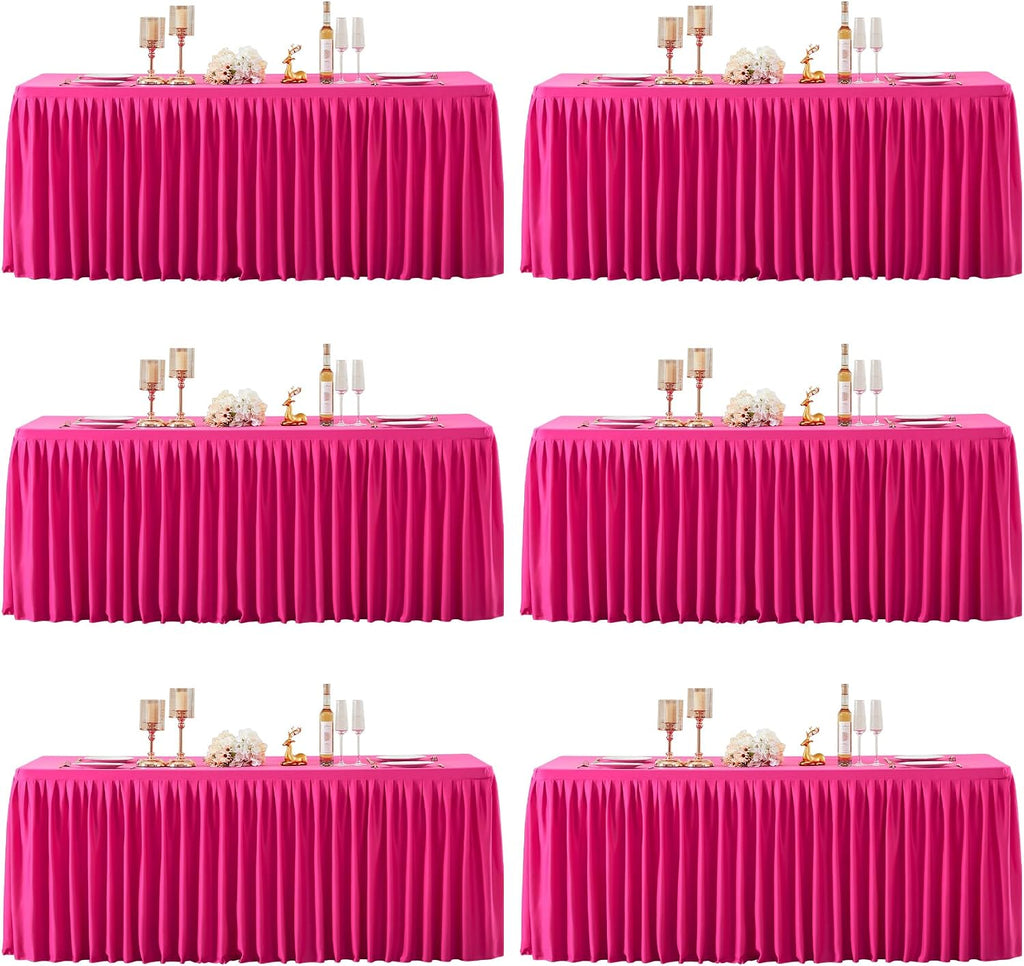 6 Packs Hot Pink Tableclothes for 6 Foot Rectangle Tables, Wrinkle Free Fitted Table Cloth 6ft Stretch Table Cover with Skirt for Parties Weddings Birthday Banquet Baby Shower