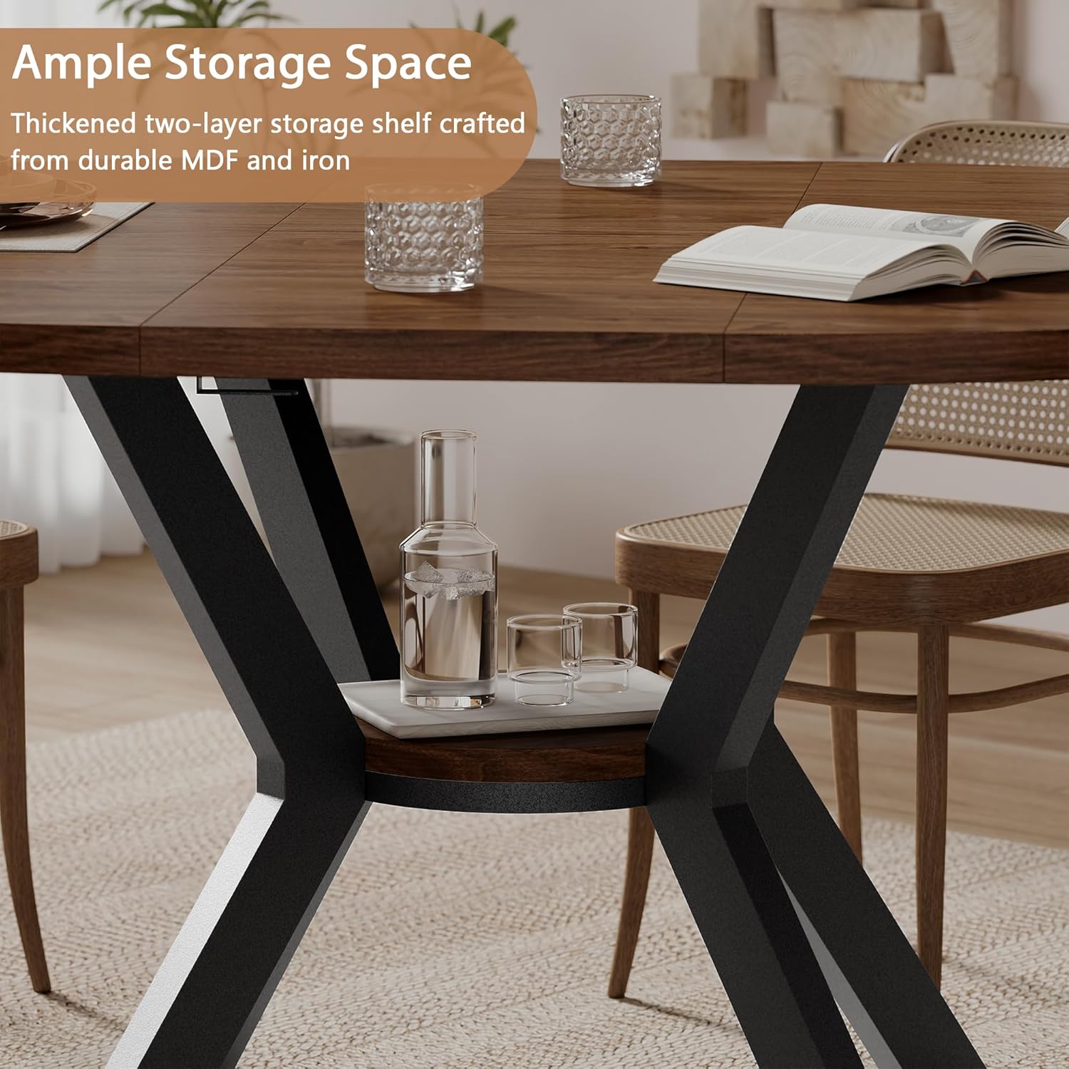 42'-58' Extendable Round Dining Table for 4-6, Kitchen Oval Table with Hidden Leaves & Storage Shelf, Space Saving Modern Design with Sturdy Metal Legs for Kitchen, Dining Room & Small Apartments