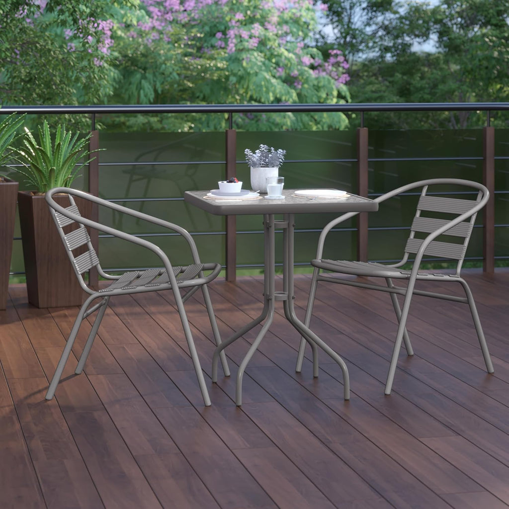 Flash Furniture TLH-0731SQ-017CSV2-GG Lila 23.5'' Square Glass Table with 2 Metal Aluminum Slat Stack Chairs, Silver