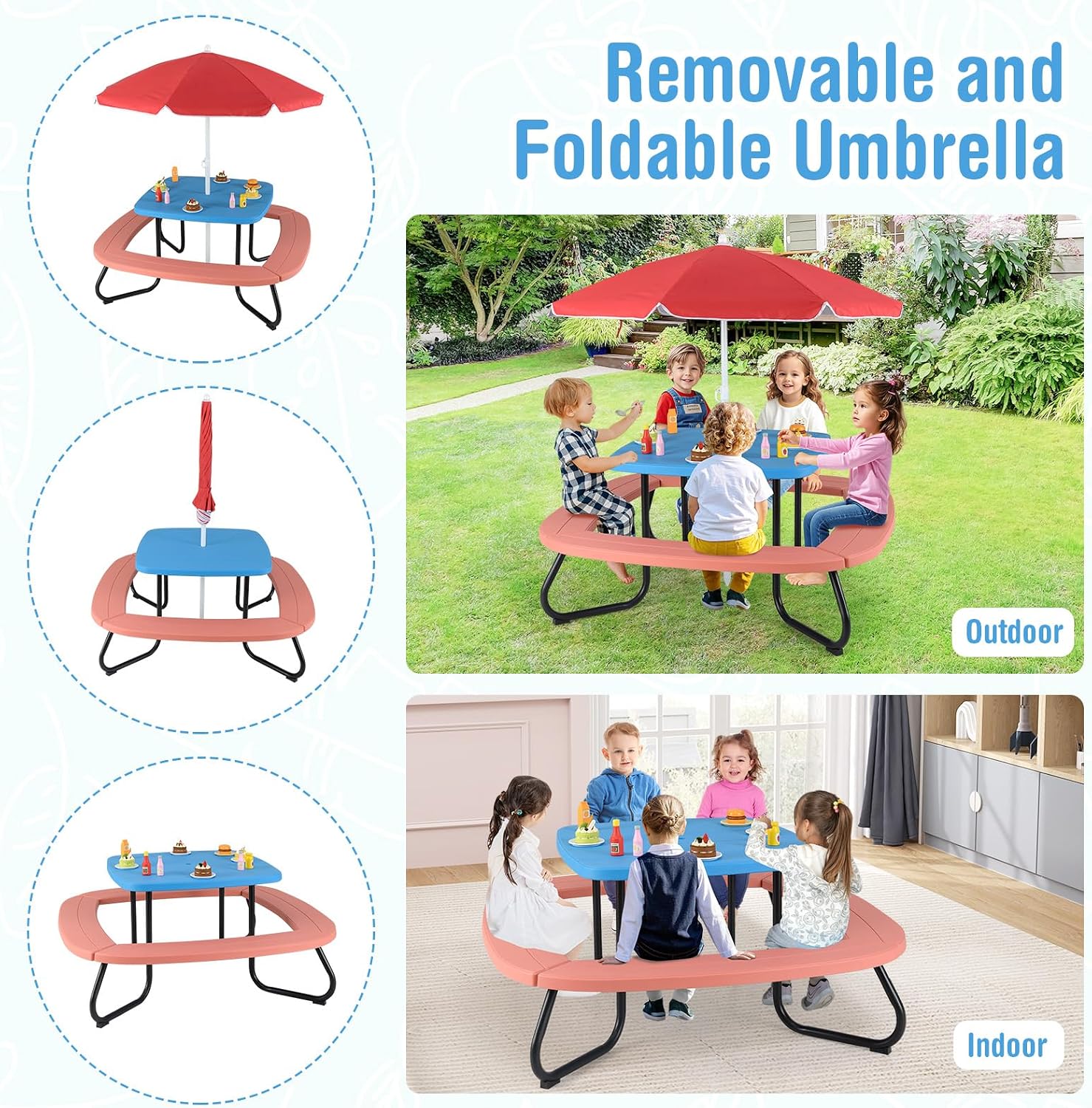 HONEY JOY Kids Picnic Table, 8 Person Toddler Outdoor Table and Chair Set, 4 Built-in Benches, Removable Umbrella, Metal Frame & HDPE Top, Children Outdoor Furniture for Backyard Patio Garden (Red)