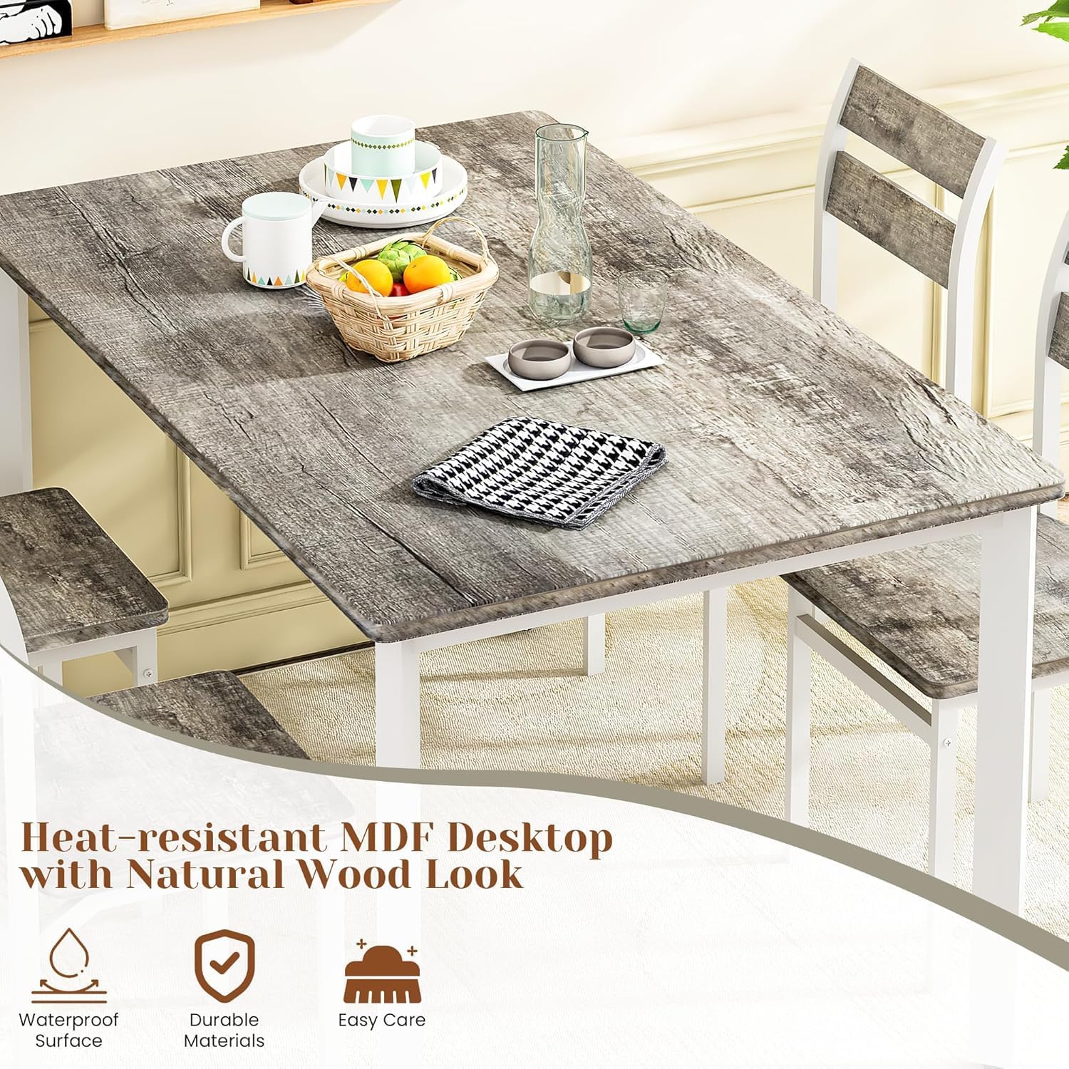 Recaceik Dining Table Set for 4 Wood Kitchen Table Chairs Set, 47 '' Farmhouse 5 Piece Dining Room Table Set, Space-Saving Dinette Set for Breakfast Nook, Apartment, Grey