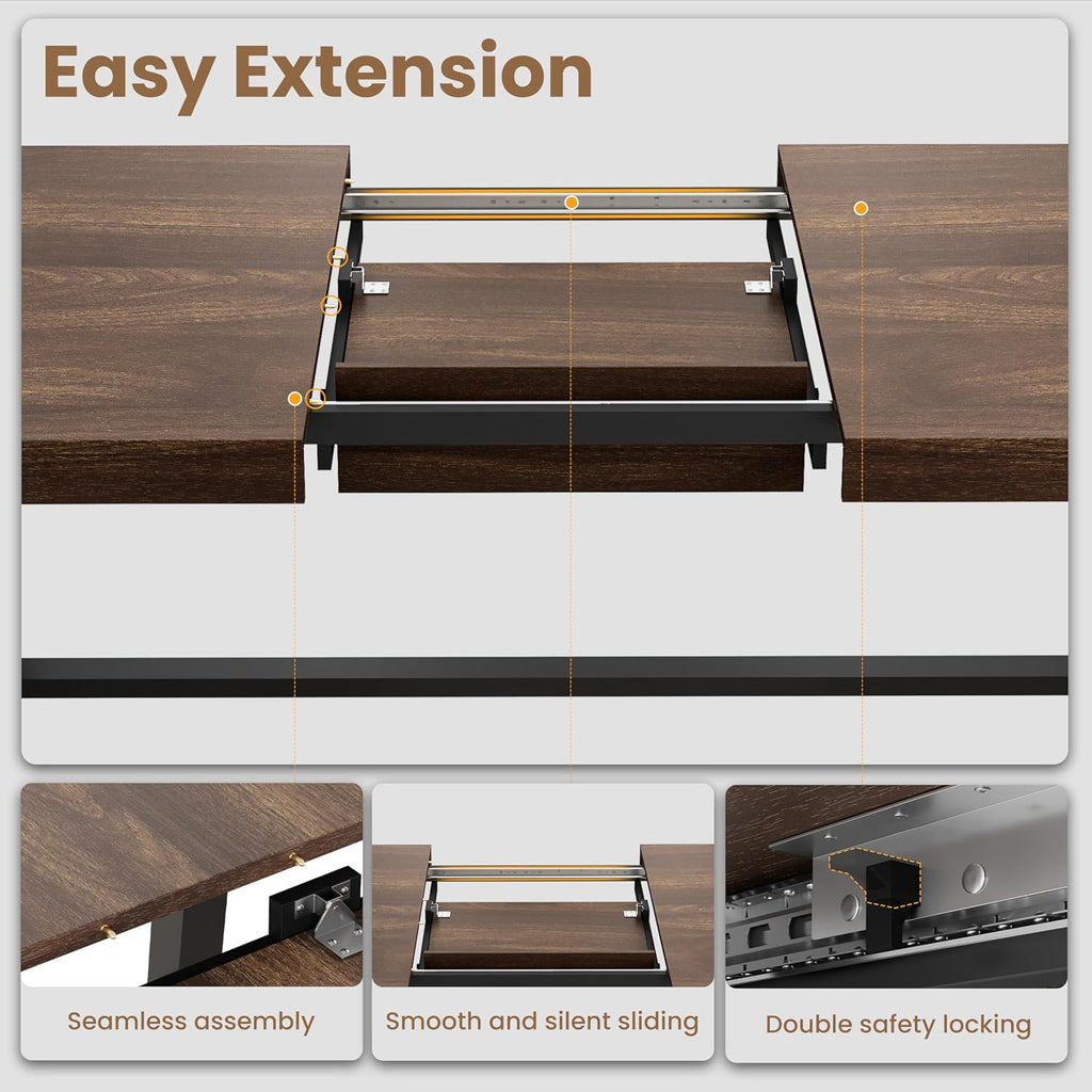 GarveeHome 63-83' Extendable Dining Table, Industrial Rectangular Dining Room Table for 6-8 People, Expandable Kitchen Table with Heavy Duty Metal Frame for Dining Room, Kitchen & Parties, Brown