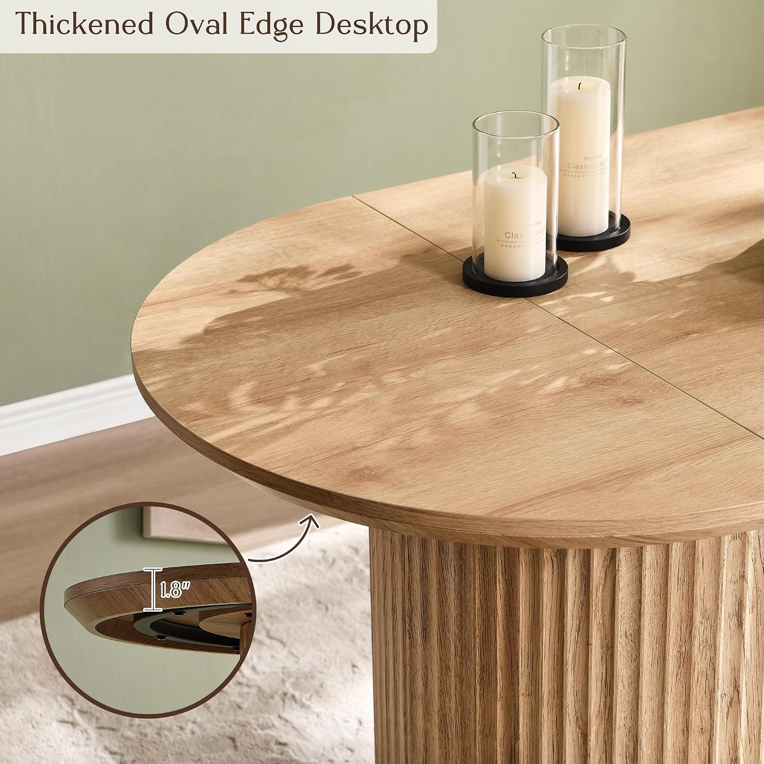 T4TREAM 63' Fluted Oval Dining Table for 4-6, Mid-Century Modern Kitchen Table with Thickened Edge & Semi-Cylindrical Base, Wood Table for Dining Room/Kitchen/Home Office, Natural Oak (Table Only)