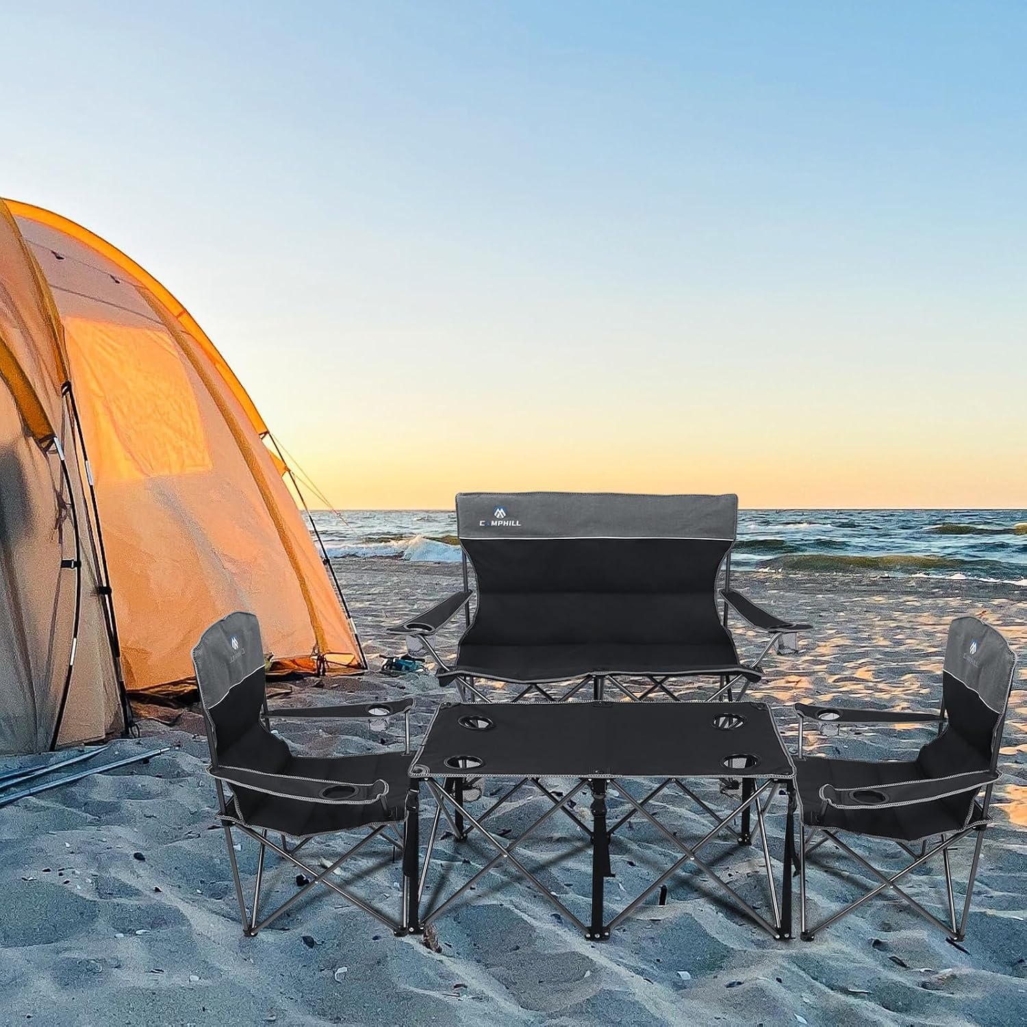Camping Chair Set of 3, Outdoor Folding Camping Chairs for Heavy People with Cup Holder & Carry Bag,Collapsible Chair Include One Sofa Chair and Two Single Chair,Support up to 500lbs
