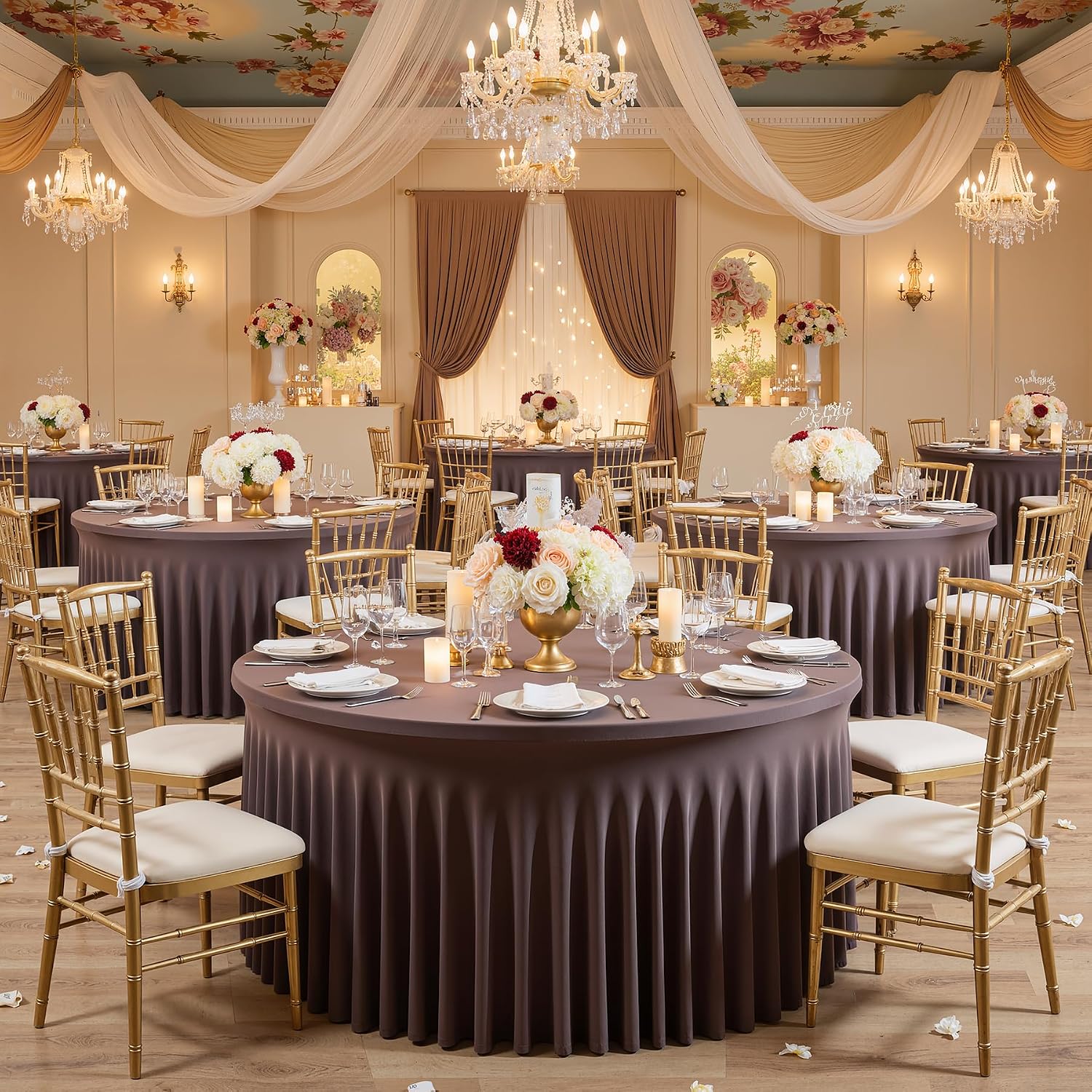 Outpain 6 Pack Brown Spandex Tablecloth for 60in/5FT Round Tables,Stretchy 120inch Fitted Round Table Cloths, Wrinkle Free Tablecloth with Skirt for Wedding, Graduation & Banquet