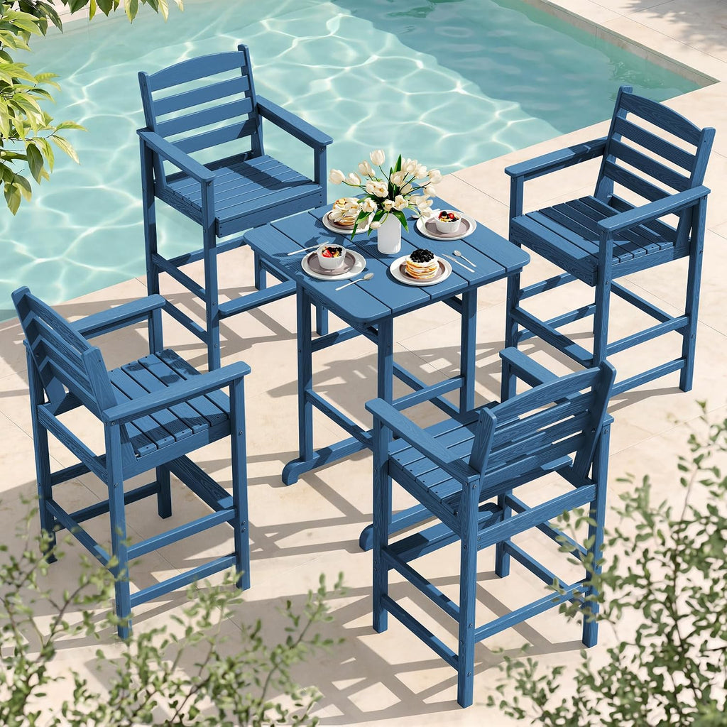 SERWALL 5-Piece Adirondack Bar Chair Set, HDPE Adirondack Barstools with Pub Table, Outdoor Patio Bar Furniture for Bistro, Balcony, Poolside, Garden - Blue