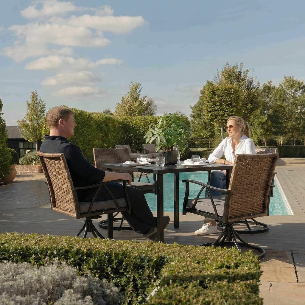 5-Piece Patio Dining Set for 4，Outdoor Dining Set with Wicker Swivel Patio Dining Chairs with Cushions & 1 Black Square Woodgrain Dining Table with 1.75'Market Umbrella Hole, Black & Brown