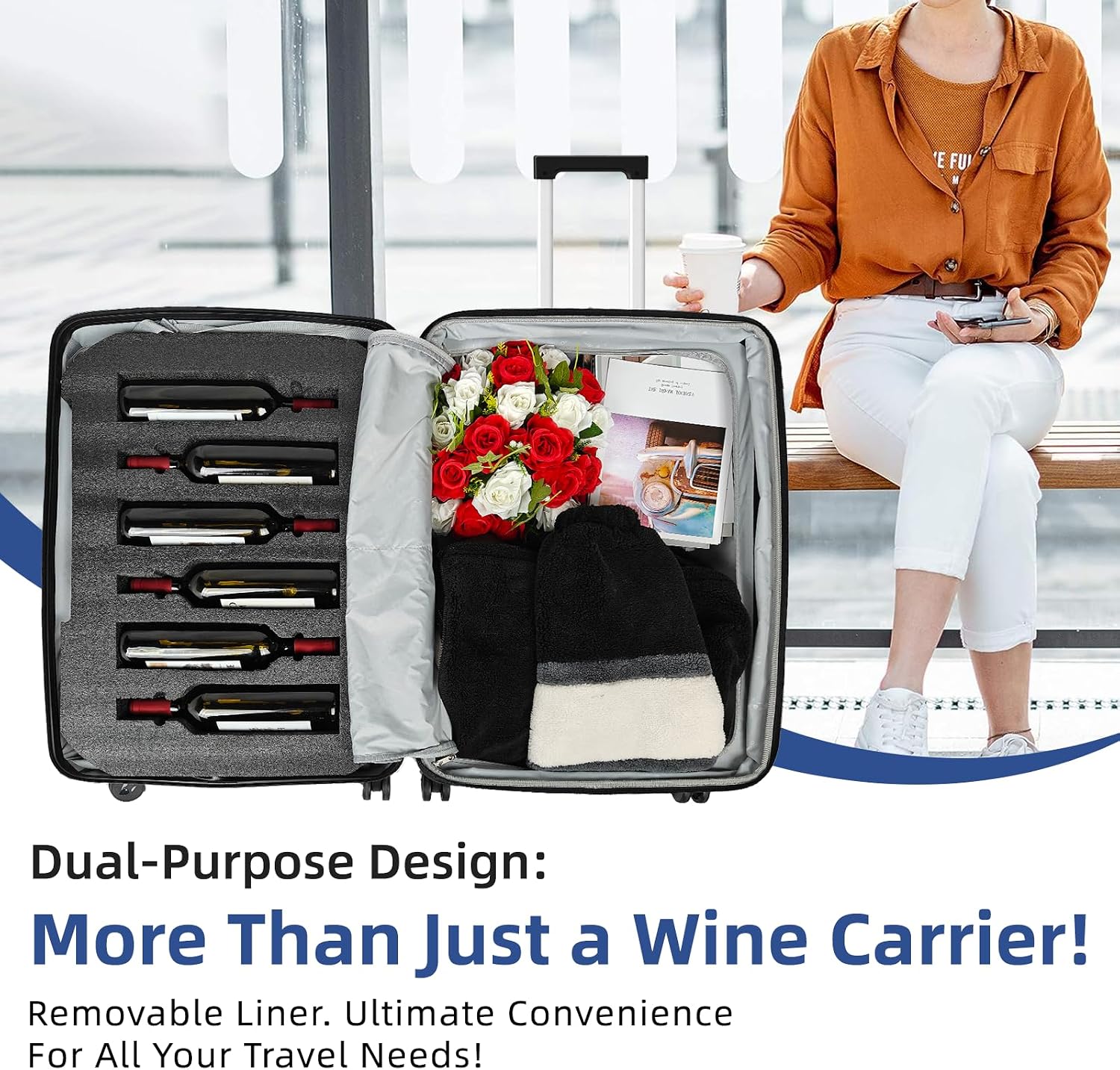 Suitcase for Wine With 12 Bottle Capacity, Durable Shipping Box, Travel Case With TSA Lock, Versatile Carrier, Removable Inserts and Silent Spinner Wheels (Midnight Black)