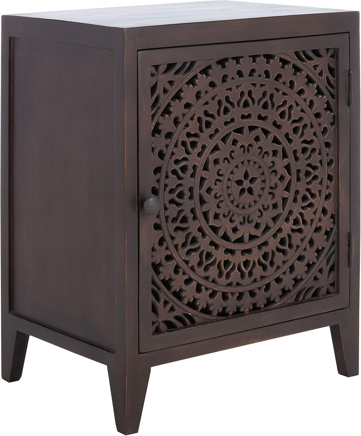 SAFAVIEH Furniture - Thea 1-Door Carved Nightstand - Brown - Mango Wood - Artisan Global Design - Ideal for Bedroom, 20'W x 14'D x 26'H - Fully Assembled (NST5300A)