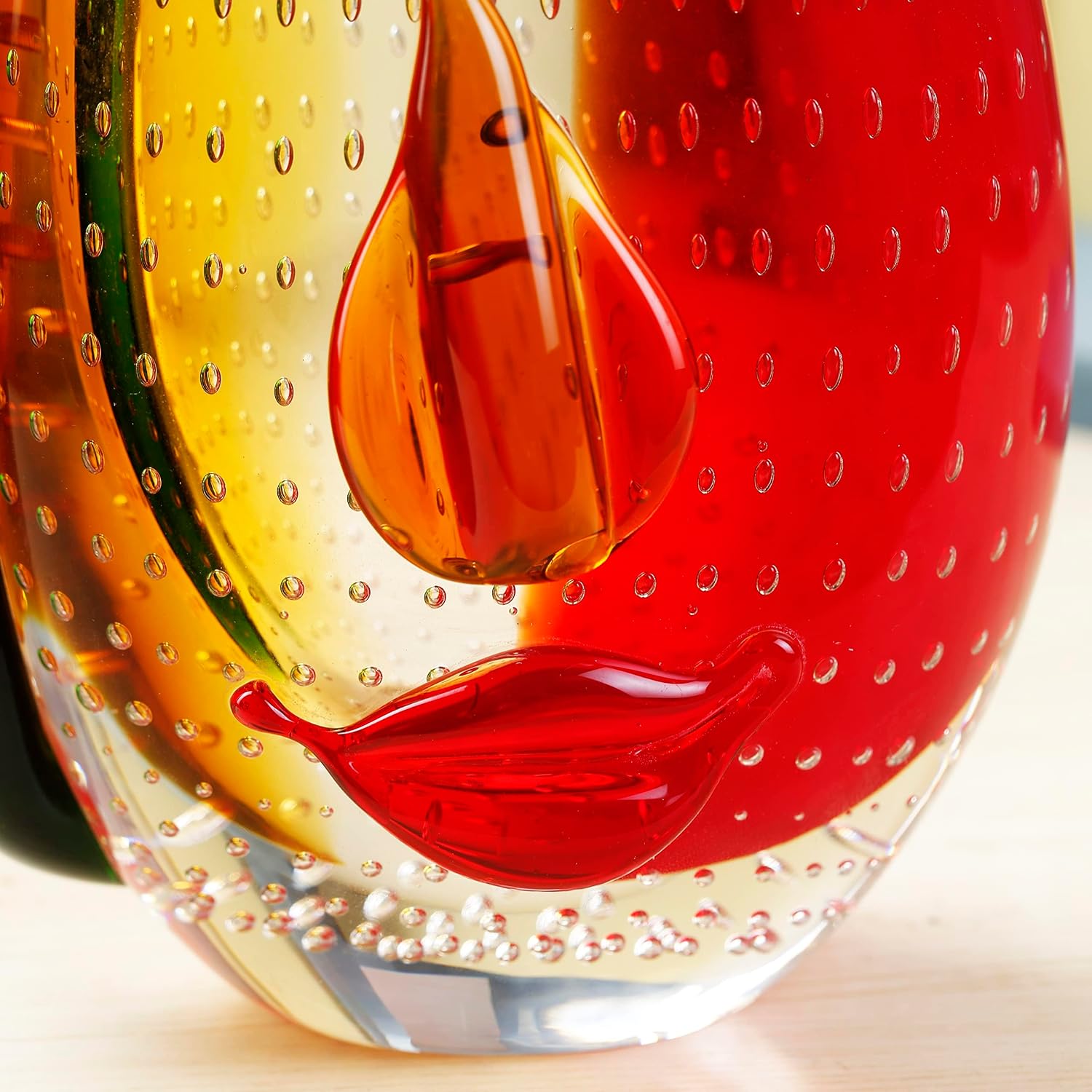 Yao Yuan Murano-Style Art Glass Vase with a Face - 12.6' Tall Mouth-Blown Artistic Sculpture with Vibrant Colors & Accents - Rich Colored Home Décor