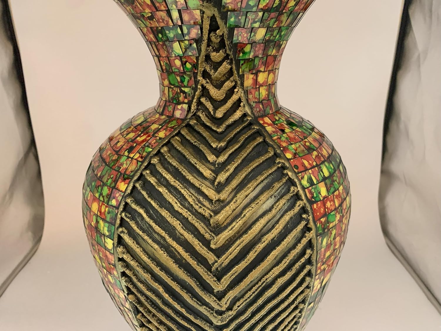 Floor Vase, 24 Inch Mosaic Vase – Tall Cylinder Made of Terracotta with Red, Orange, and Green Glass Mosaic Pieces – Handcrafted Decorative Home Décor Accent Piece for Bedroom, Living Room