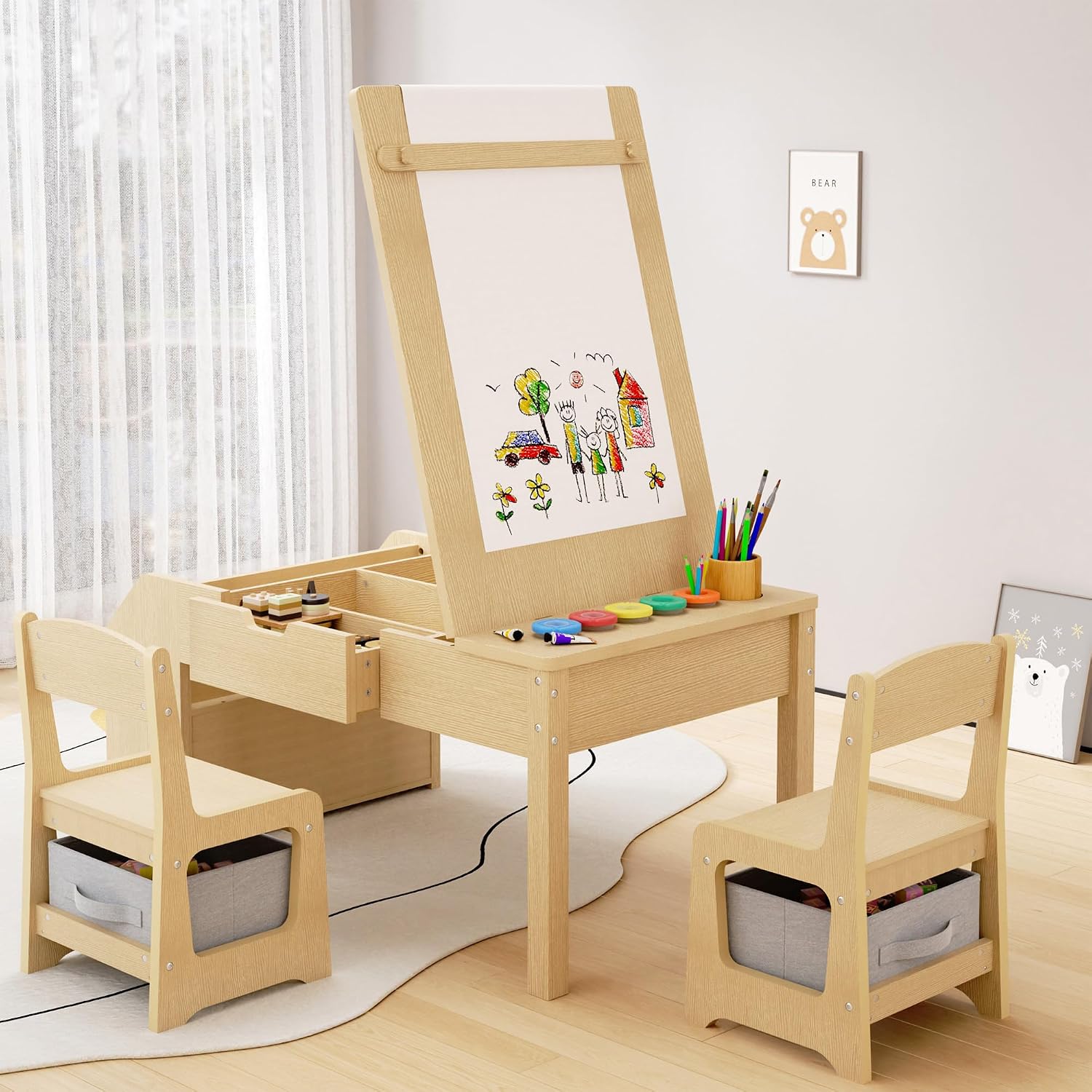 5-in-1 Kids Art Table and Chairs, Toddler Table and Chair Set, Craft Play Desk for Kids, Convertible Art Easel with Paper Roll Holder & Storage Drawers, Children Activity Learning Center-Wood