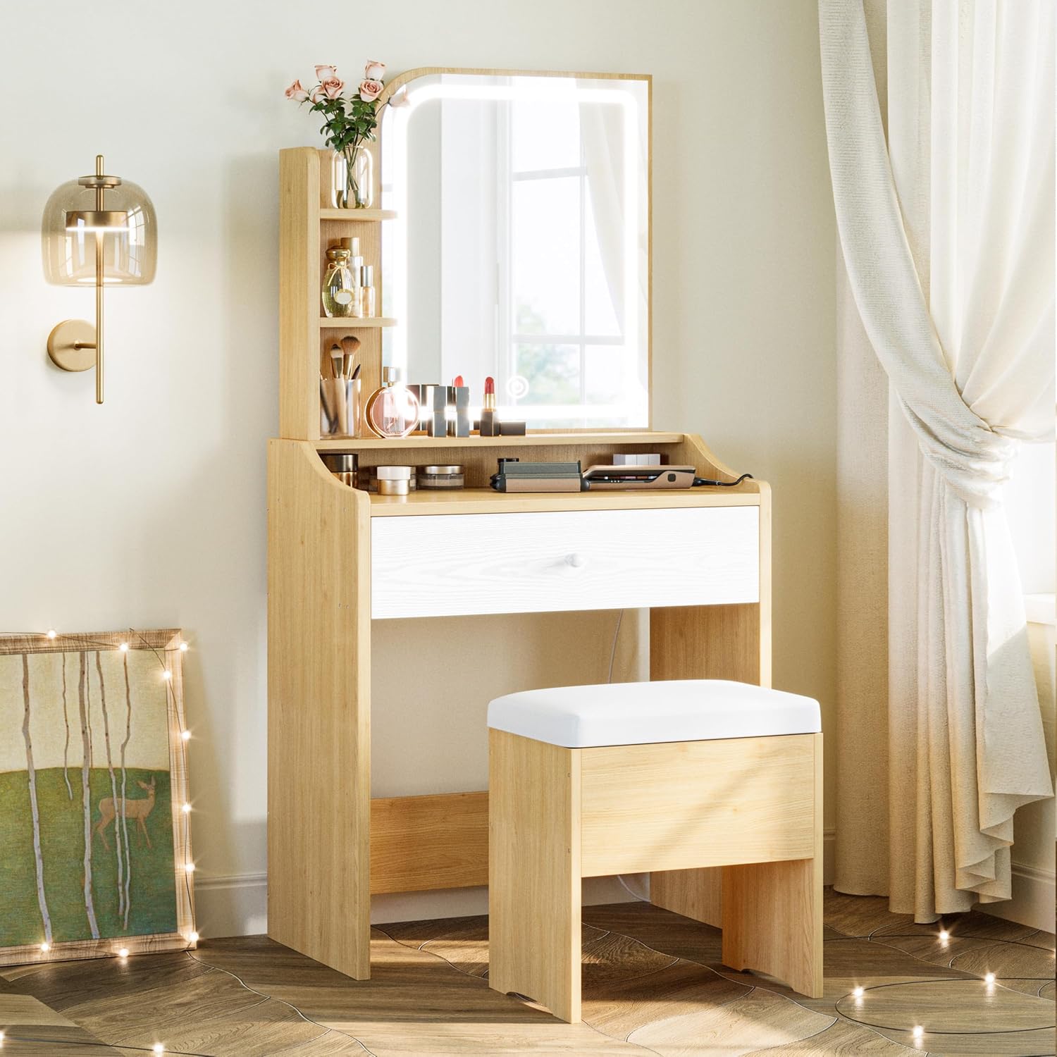 LIKIMIO Small Makeup Vanity Desk with Mirror and Lights, Vanity Table Set with Storage Drawer, Chair and Three Shelves, Bedroom, Wood