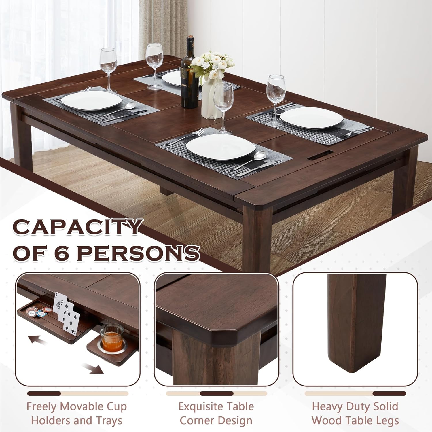Haddockway 63' ×39' Board Game Table with Removable Top, Solid Wood Dining/Gaming Table for 4-6 Players with Play Mat, 6 Detachable Cup Holders & 6 Hobby Trays (Warm Walnut)