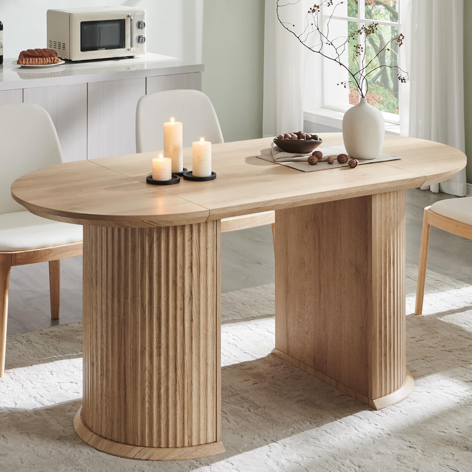 T4TREAM 63' Fluted Oval Dining Table for 4-6, Mid-Century Modern Kitchen Table with Thickened Edge & Semi-Cylindrical Base, Wood Table for Dining Room/Kitchen/Home Office, Natural Oak (Table Only)