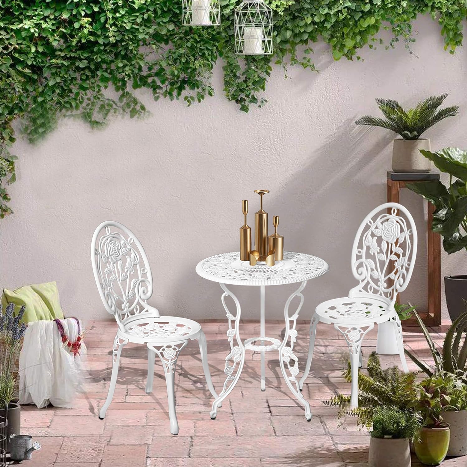 HOMEFUN Bistro Table and Chairs Set of 2 Outdoor 3 Piece Patio Set, Rose Pattern Cast Aluminum Bistro for Garden Balcony, Durable Rust All-Weather Resistance, Rose White