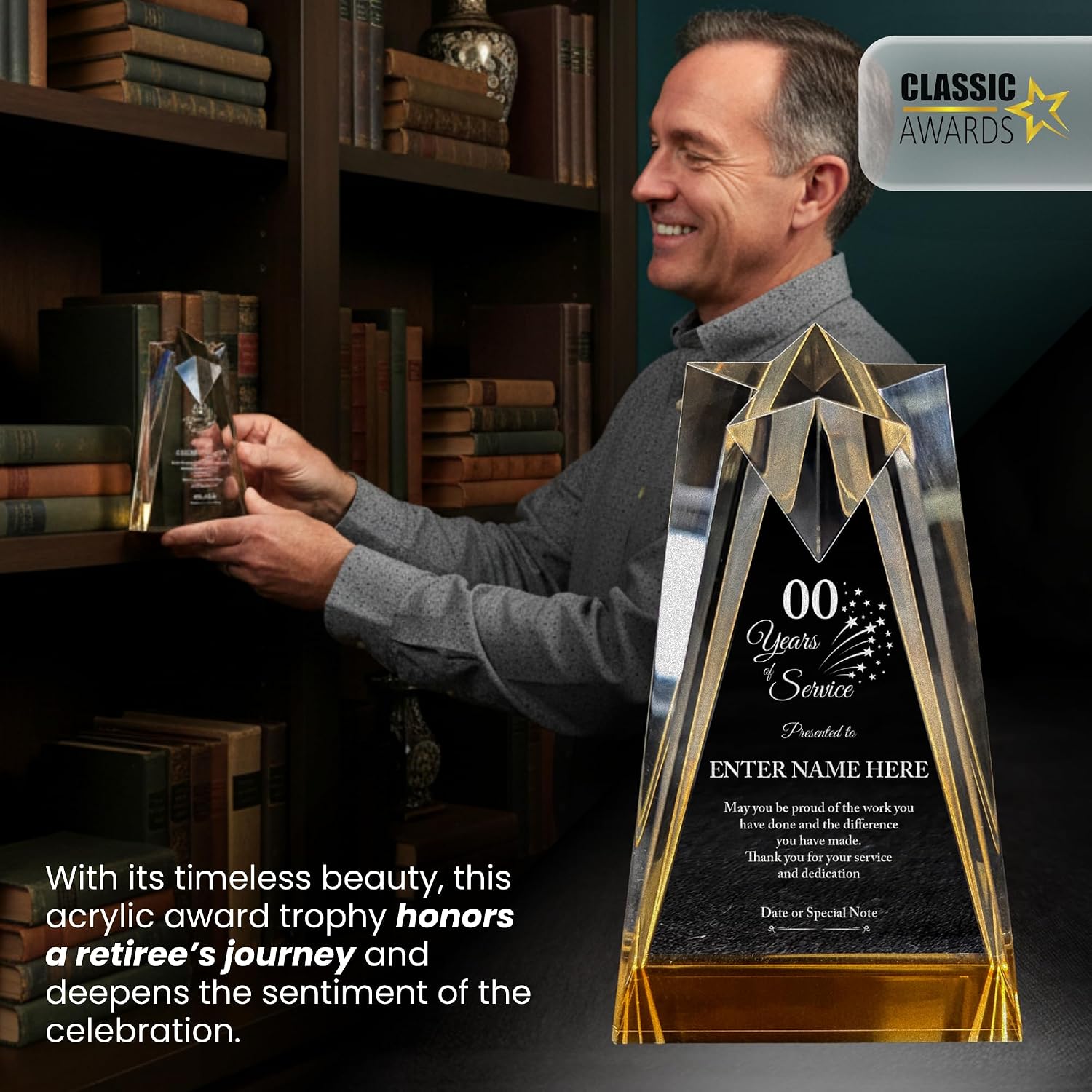 Personalized Acrylic Retirement Gifts For Men and Women, Laser Engraved Custom Trophy for Service Recognition, Years Of Service Retirement Trophy Award for Boss, Employee, Teacher (Gold Sculpted)