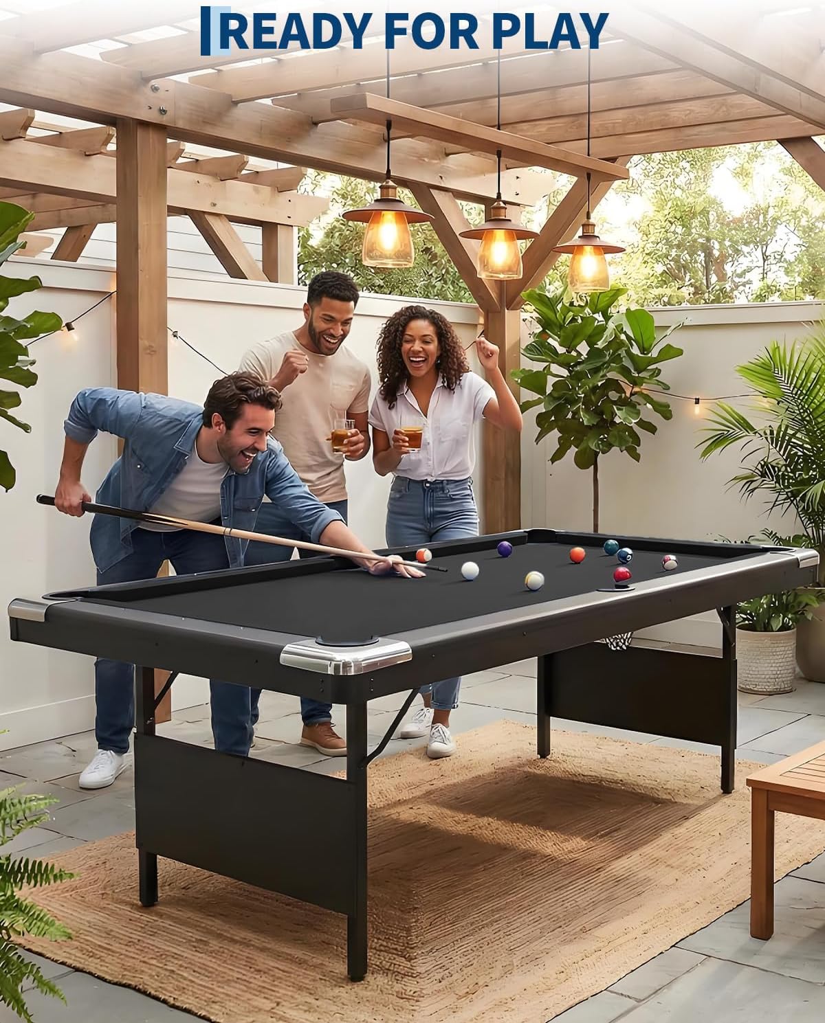 6,7 Foot Foldable Pool Table, Portable Billiards Table with Full Accessories Set, No Assembly, Metal k-Shaped Legs, Includes 16 Balls, 2 Cue Sticks, Chalk, Rack & Brush, Game Room Table for Home, Apar
