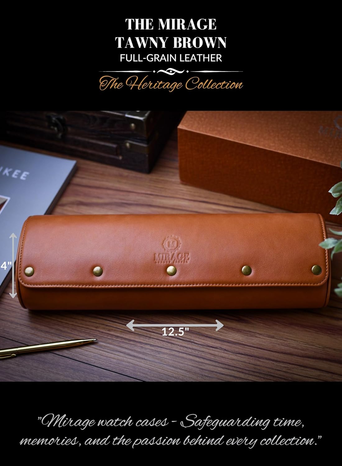 4 Watch Travel Case for Men Leather Watch Roll Case Storage for Travel - Brown Full Grain Cow Leather