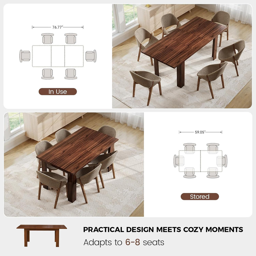 Miereirl 59'–77' Extendable Farmhouse Dining Table for 6–8, Space-Saving Rectangular Kitchen Table with Easy Pull-Out Extension for Family Meals, Work & Everyday Use (Walnut)