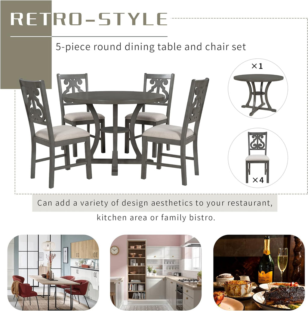 Harper & Bright Designs Retro Style Round Kitchen Dining Table Set for 4, 5 Piece Round Dining Table and 4 Fabric Chairs with Special-Shaped Table Legs and Storage Shelf, Gray