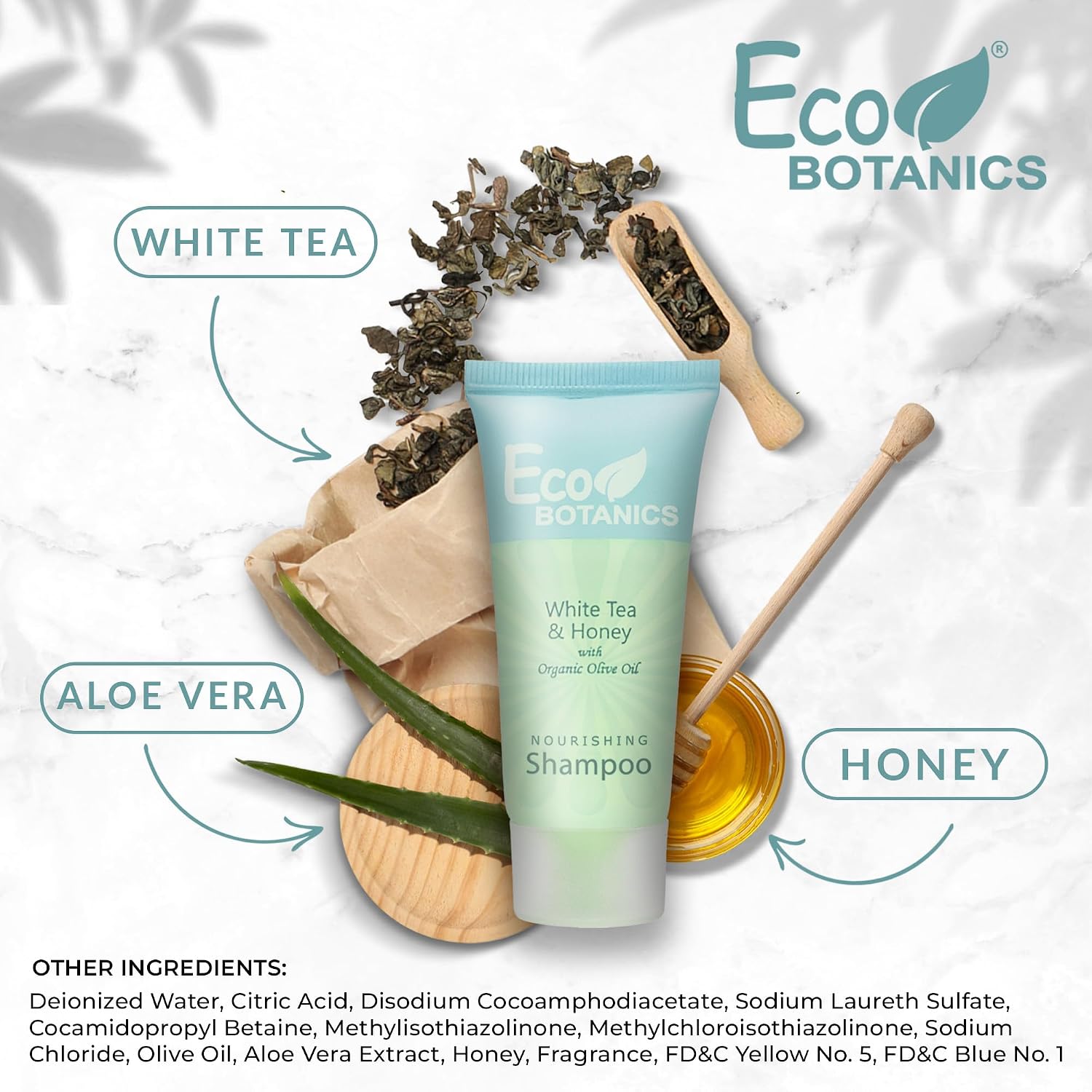 Eco Botanics Travel Size Hotel Shampoo 300 Count 0.85 oz Bottles Guest Amenities for Vacation Rentals and Short Term Rentals Paraben Free White Tea Scent Infused with Aloe Honey and Olive Oil